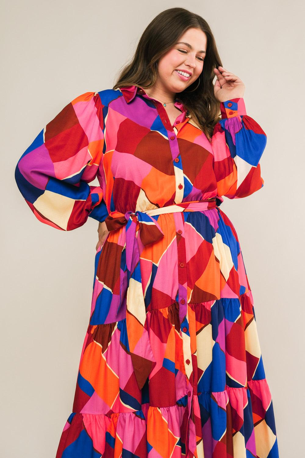 Wise Woman Printed Woven Midi Dress with Shirt Collar and Tiered Skirt in fuchsia blue, view 4 — Soul Flow Apparel