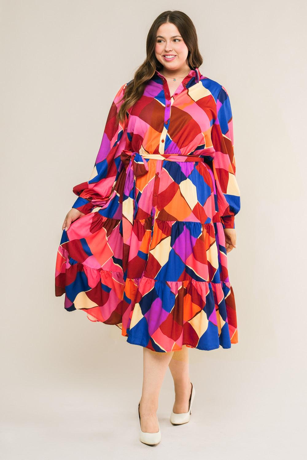 Wise Woman Printed Woven Midi Dress with Shirt Collar and Tiered Skirt in fuchsia blue, view 5 — Soul Flow Apparel