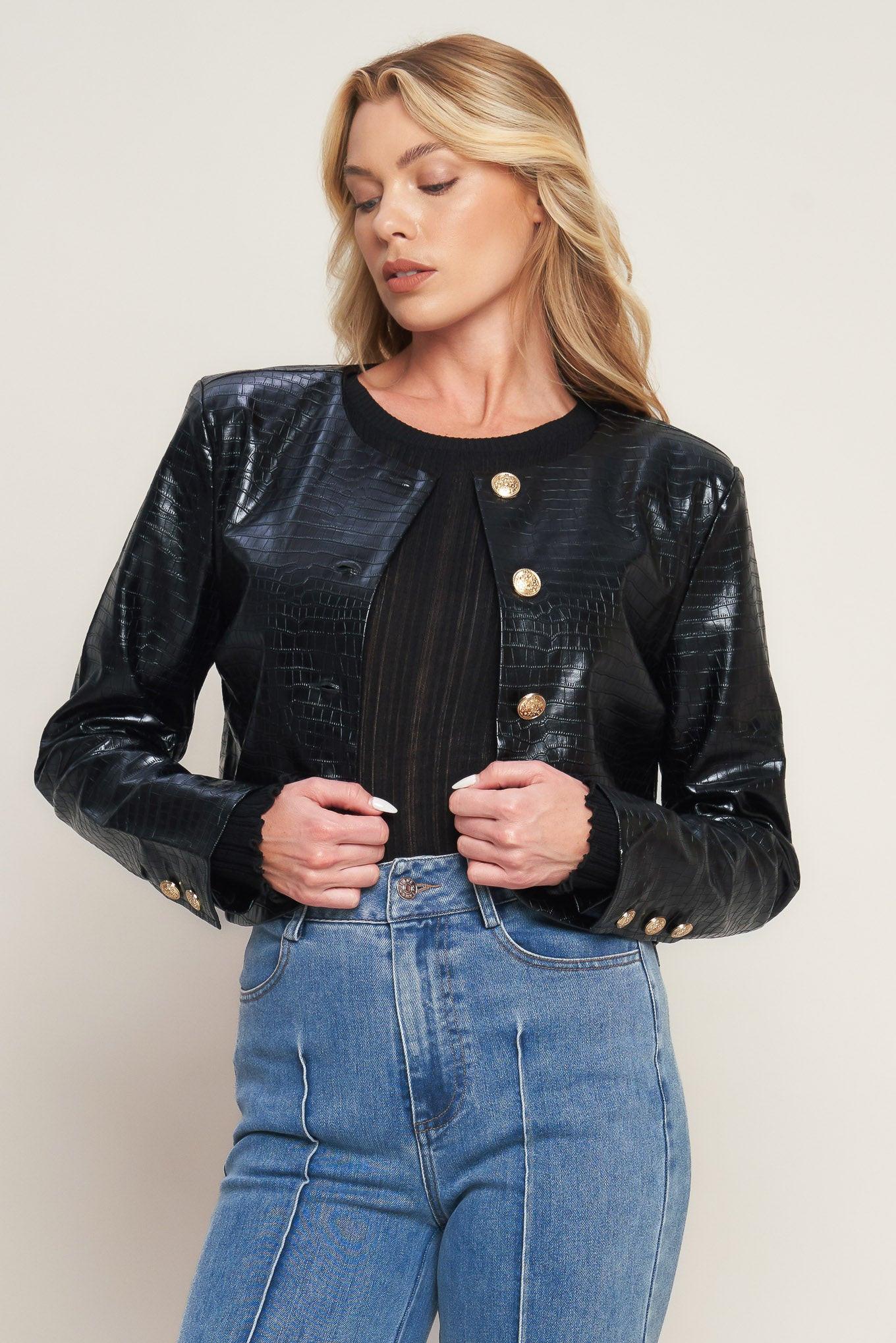 At the Start Faux Leather Bolero Jacket in black, view 1 — Soul Flow Apparel