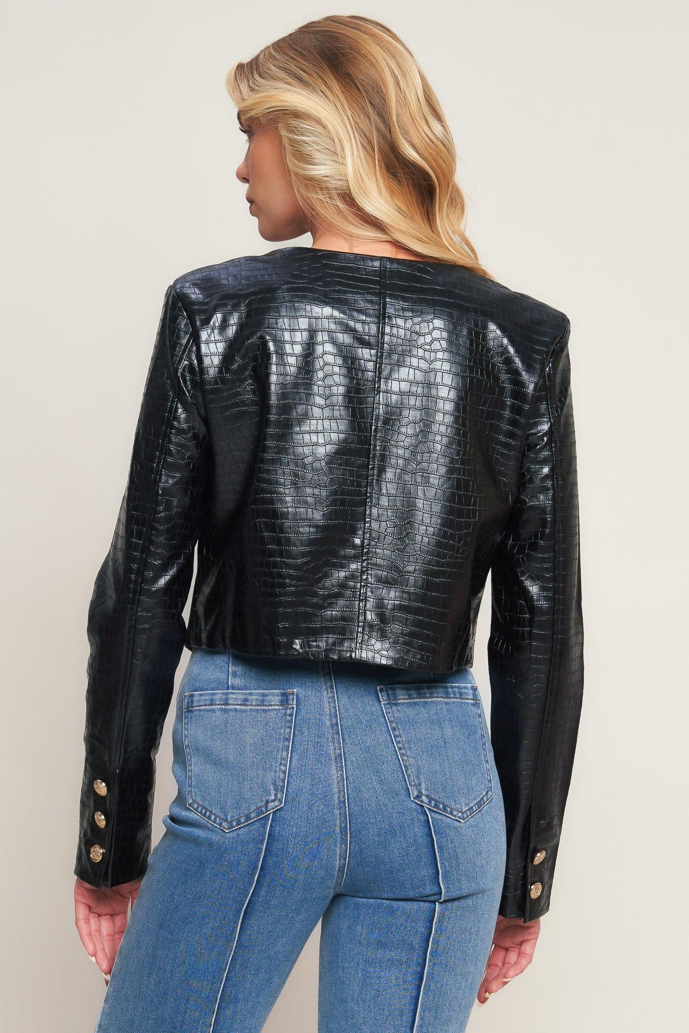 At the Start Faux Leather Bolero Jacket in black, view 2 — Soul Flow Apparel