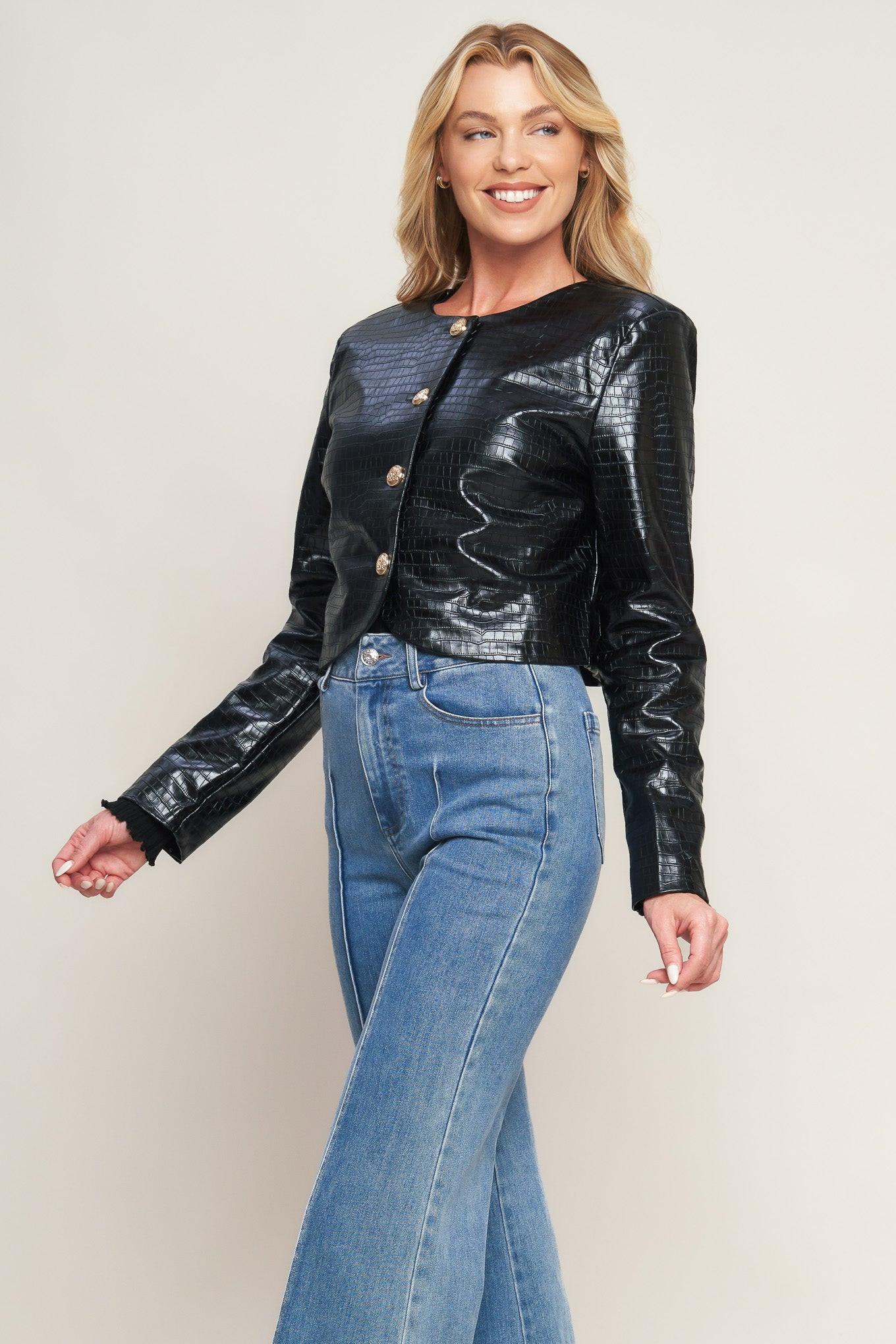 At the Start Faux Leather Bolero Jacket in black, view 5 — Soul Flow Apparel