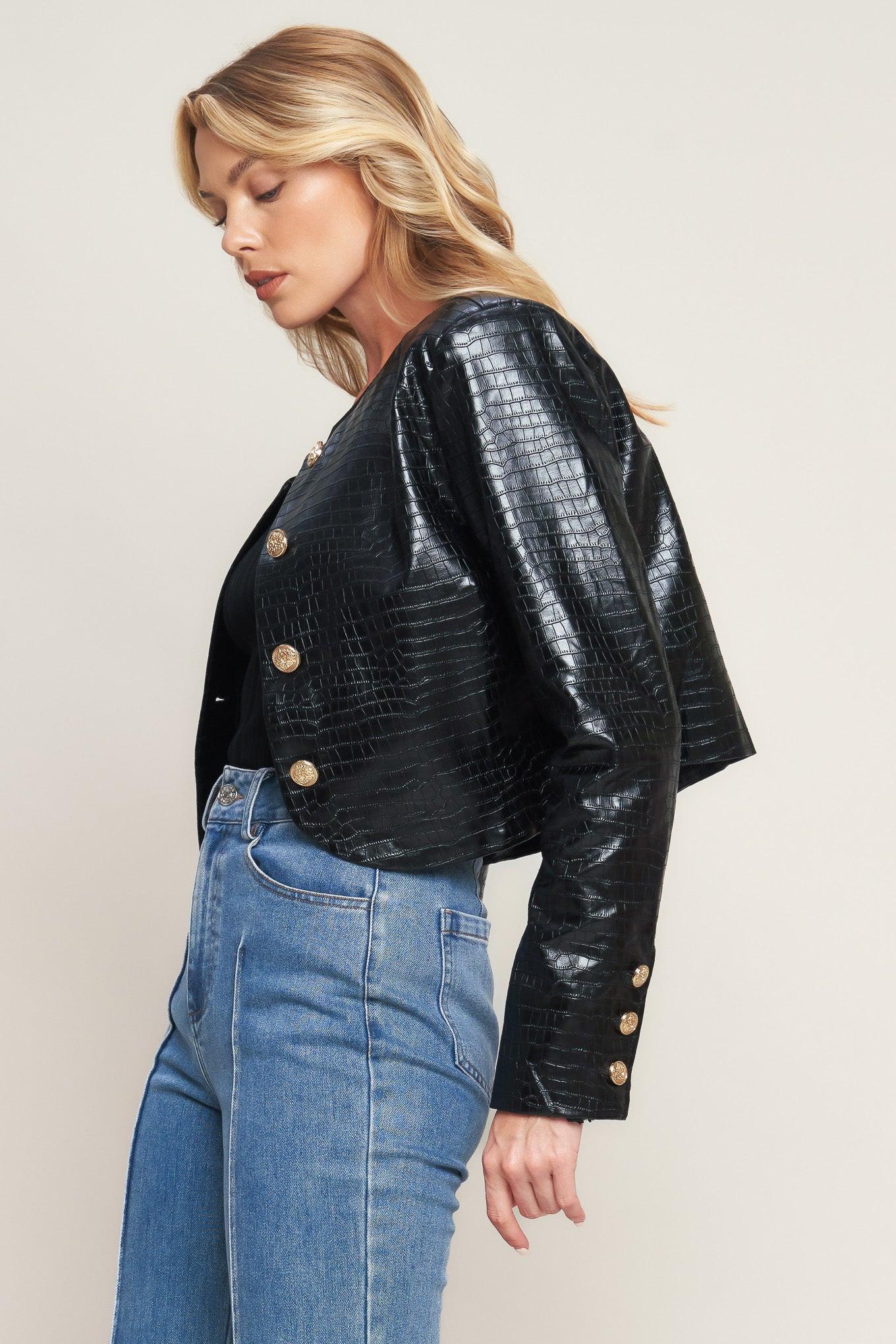 At the Start Faux Leather Bolero Jacket in black, view 6 — Soul Flow Apparel
