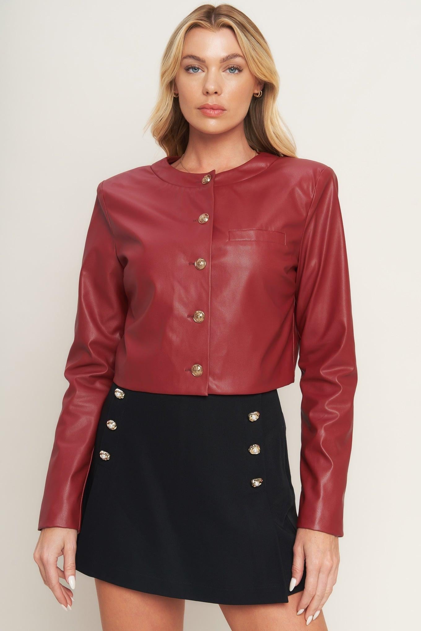 Tactical Grace Leather Jacket in red, view 1 — Soul Flow Apparel
