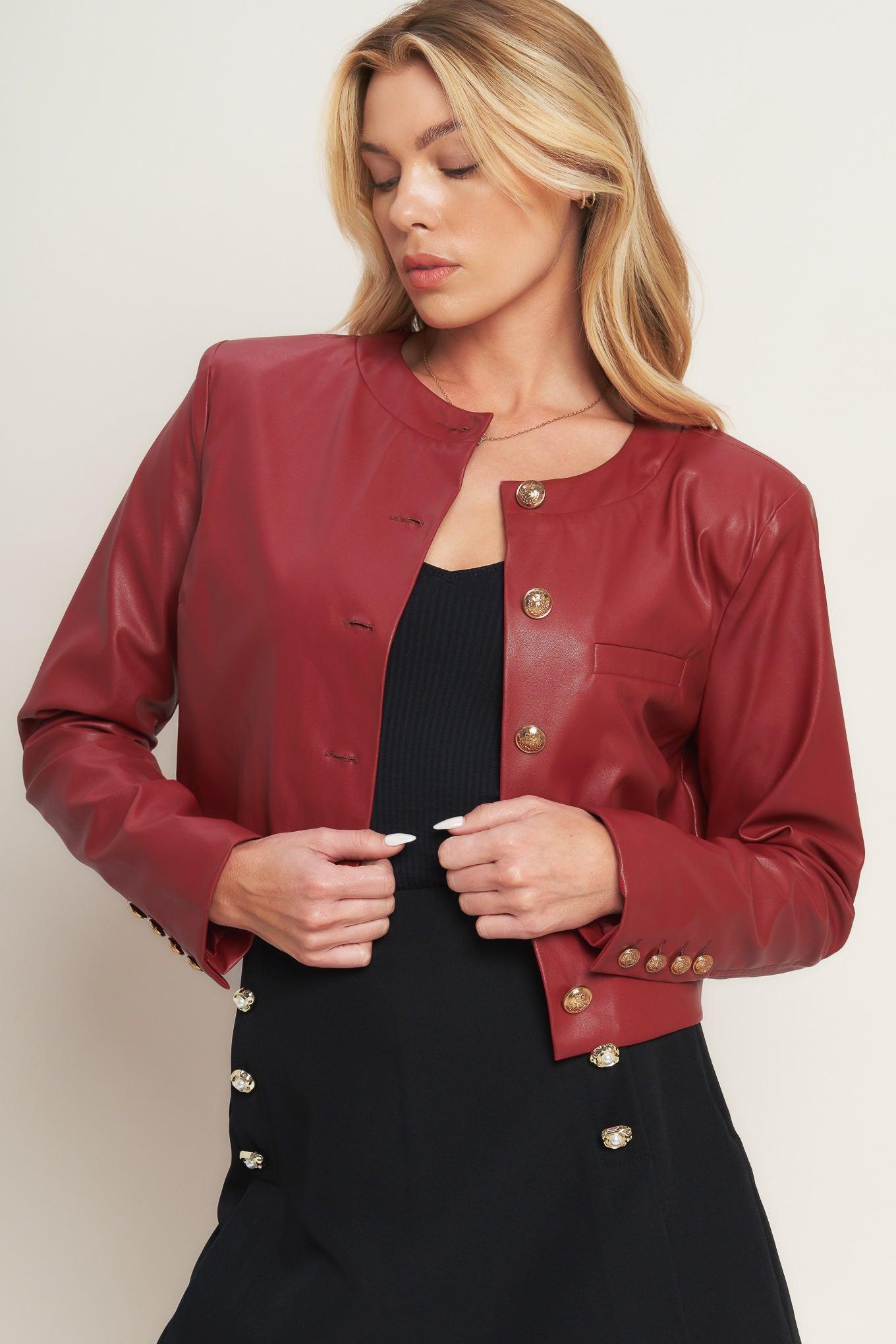 Tactical Grace Leather Jacket in red, view 2 — Soul Flow Apparel