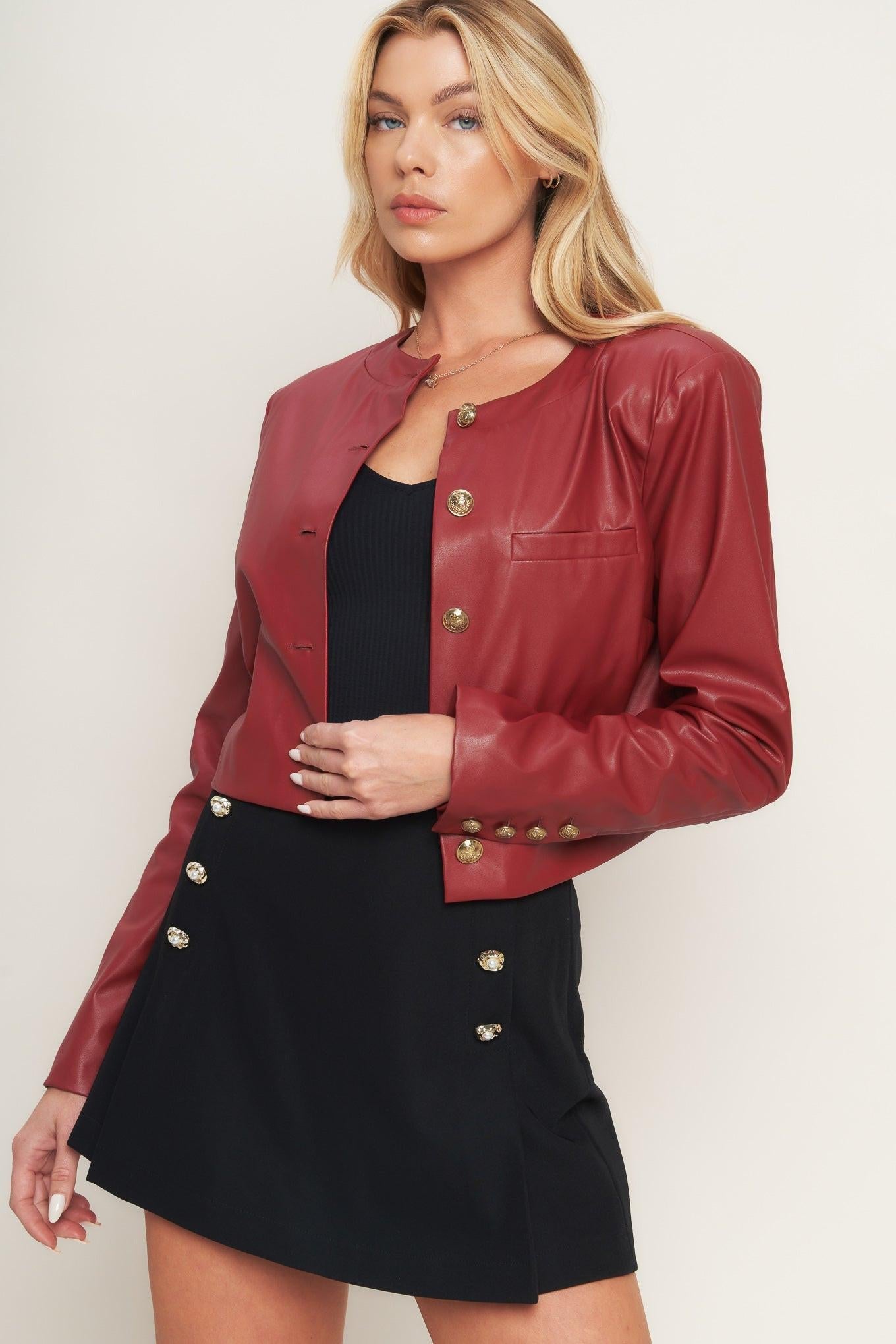 Tactical Grace Leather Jacket in red, view 4 — Soul Flow Apparel