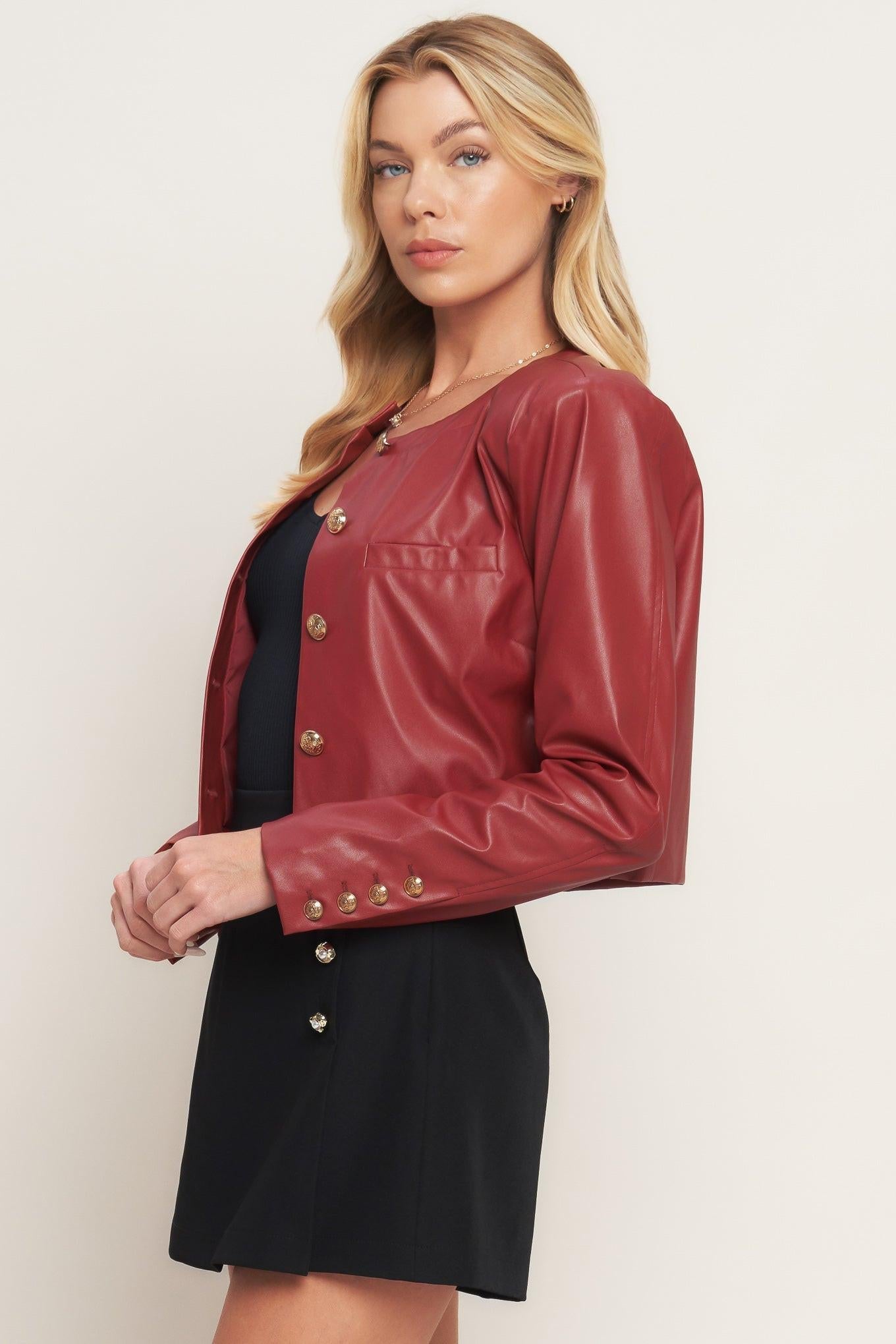 Tactical Grace Leather Jacket in red, view 5 — Soul Flow Apparel