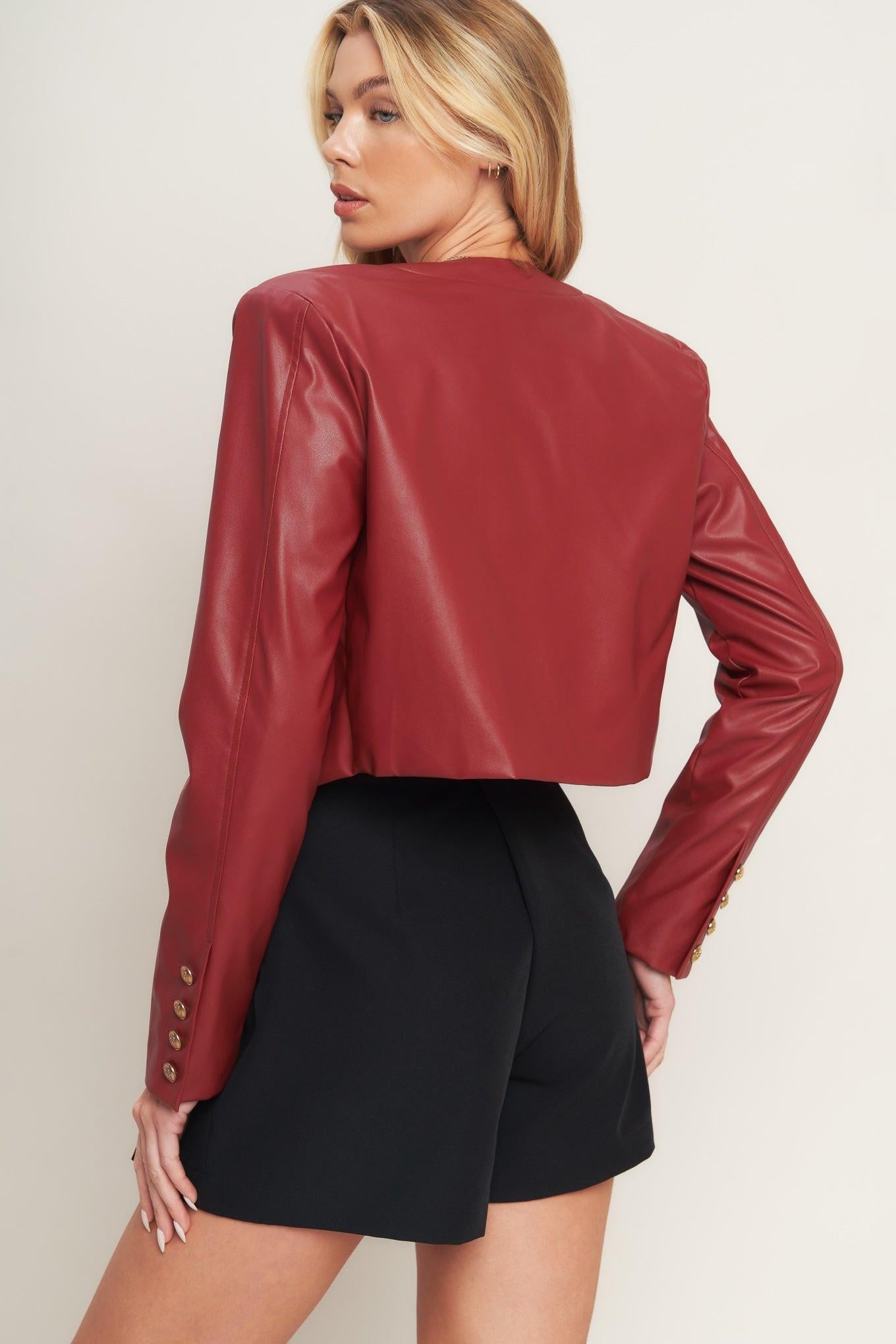 Tactical Grace Leather Jacket in red, view 6 — Soul Flow Apparel