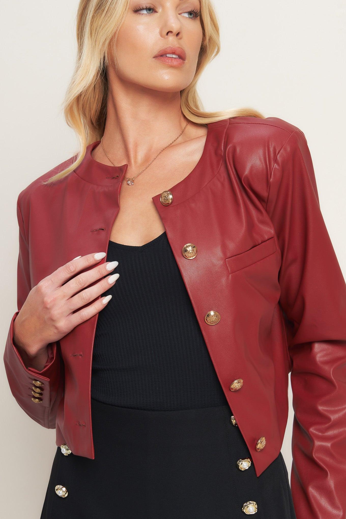 Tactical Grace Leather Jacket in red, view 7 — Soul Flow Apparel