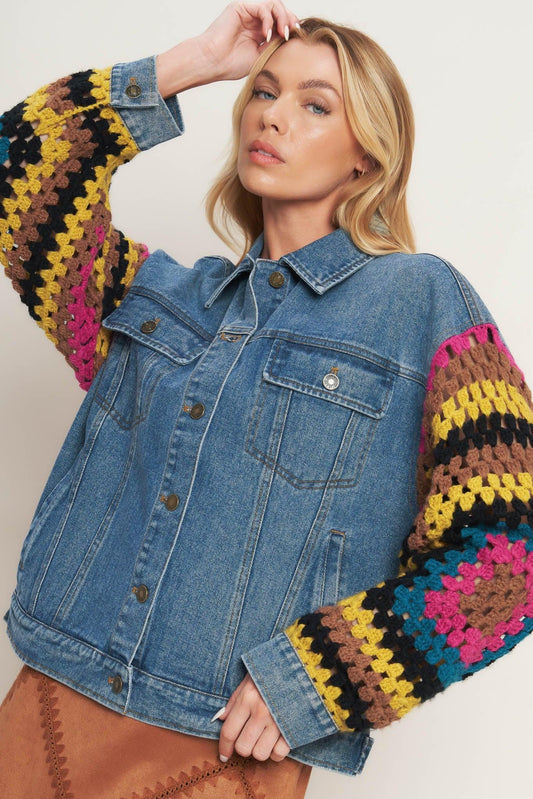 Festival Weave Washed Denim Jacket in medium indigo, view 1 — Soul Flow Apparel