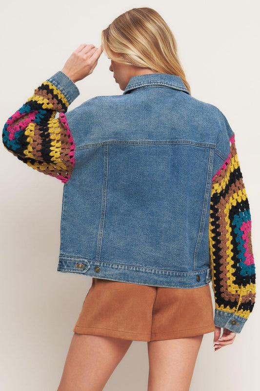 Festival Weave Washed Denim Jacket in medium indigo, view 6 — Soul Flow Apparel