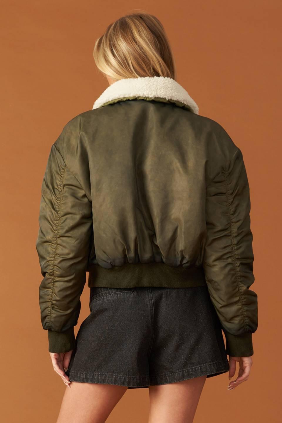 In a Trance Woven Bomber Jacket in olive, view 4 — Soul Flow Apparel