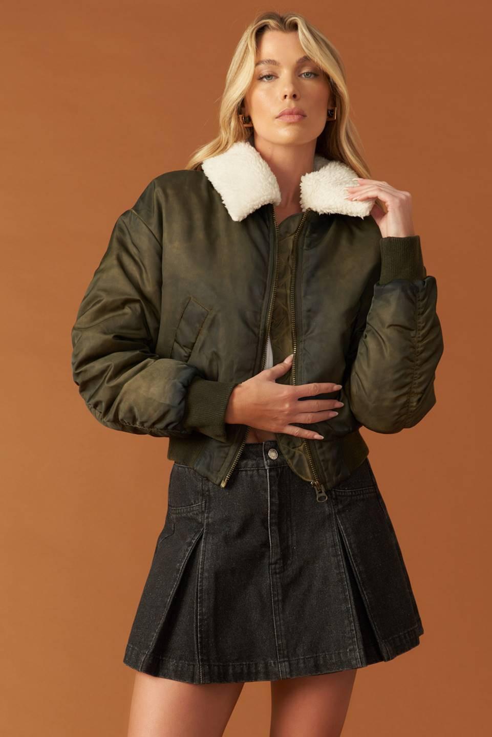 In a Trance Woven Bomber Jacket in olive, view 5 — Soul Flow Apparel