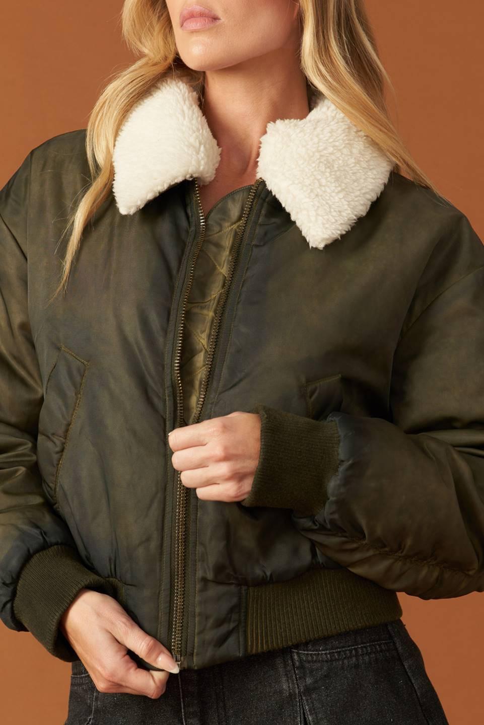 In a Trance Woven Bomber Jacket in olive, view 6 — Soul Flow Apparel