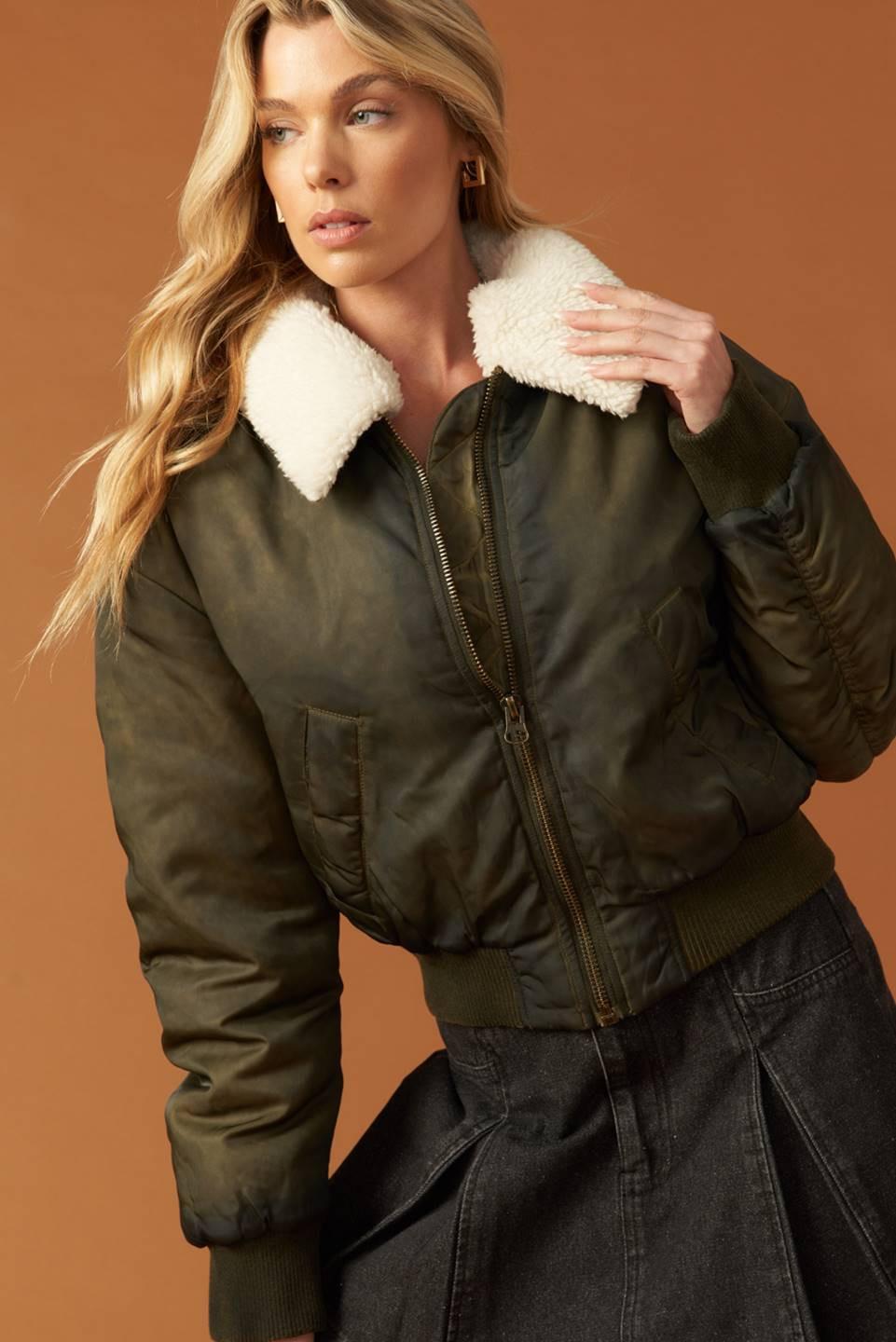 In a Trance Woven Bomber Jacket in olive, view 7 — Soul Flow Apparel