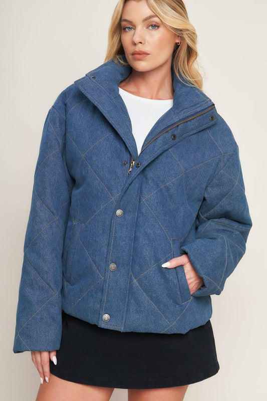 For Good Quilted Denim Jacket in medium indigo, view 2 — Soul Flow Apparel
