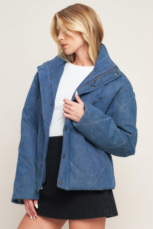 For Good Quilted Denim Jacket in medium indigo, view 4 — Soul Flow Apparel