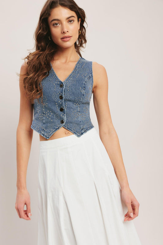 Euro Summer Denim Vest in medium indigo, view 4 — Soul Flow Apparel