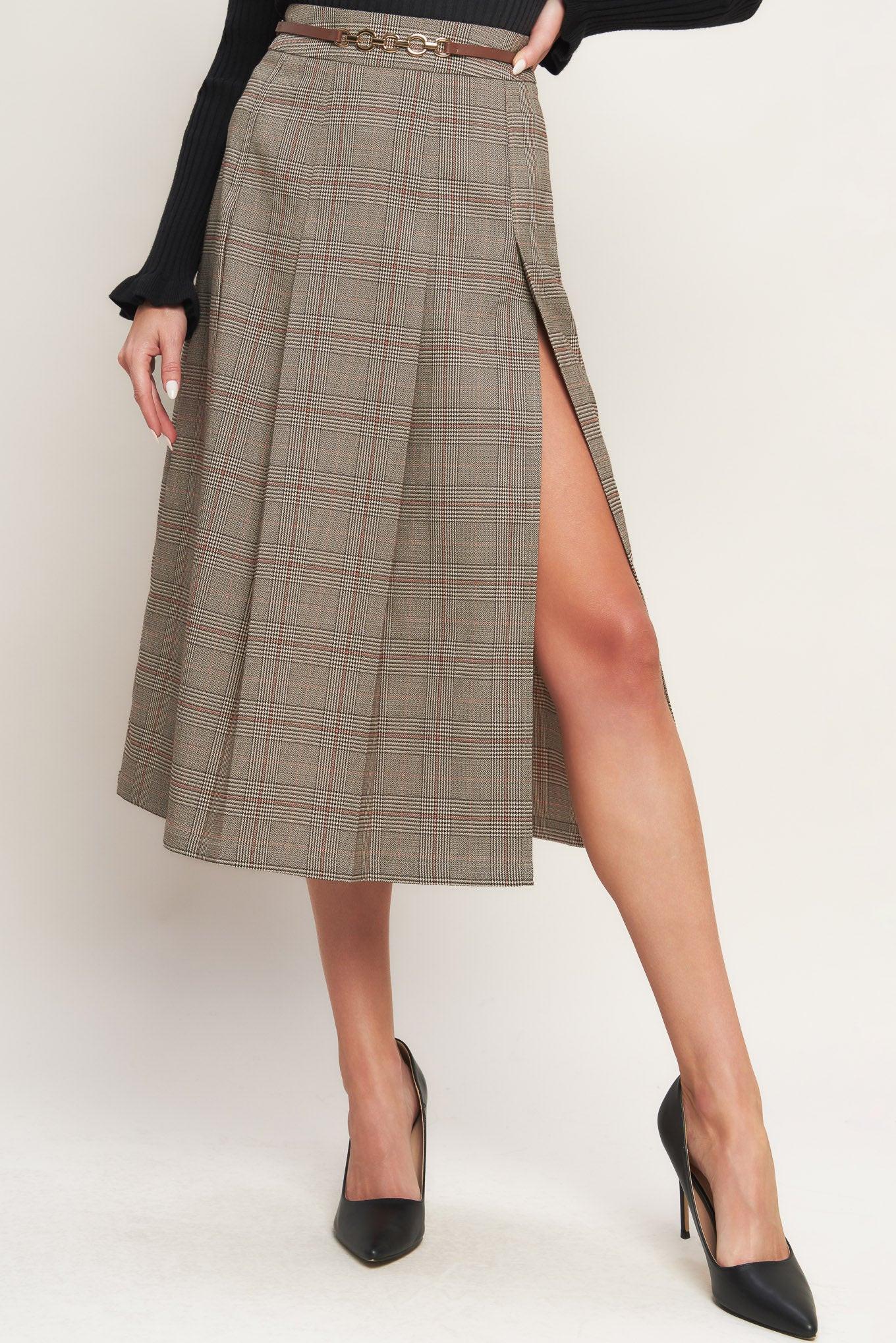 British Trace Woven Midi Skirt in brown, view 1 — Soul Flow Apparel