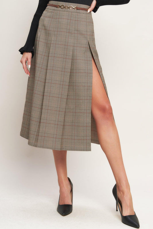 British Trace Woven Midi Skirt in brown, view 1 — Soul Flow Apparel