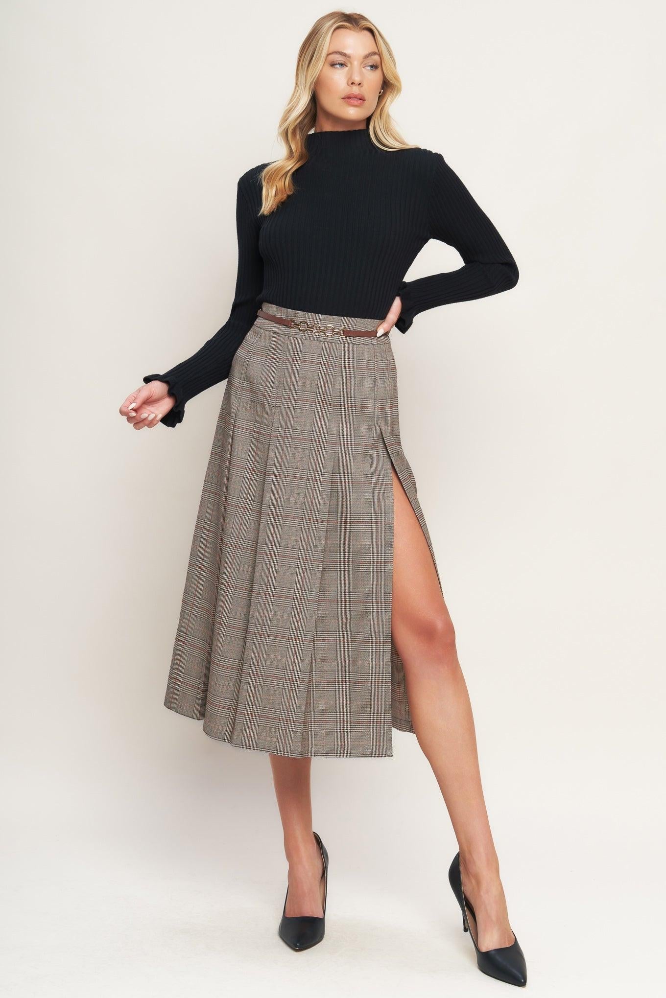 British Trace Woven Midi Skirt in brown, view 2 — Soul Flow Apparel