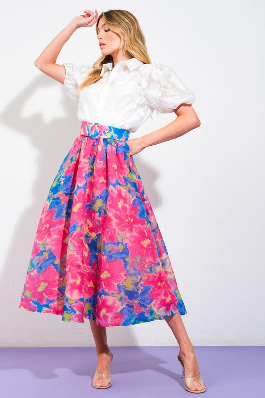 Sweet Vision Woven Midi Skirt in blue pink, view 1 — Soul Flow Apparel