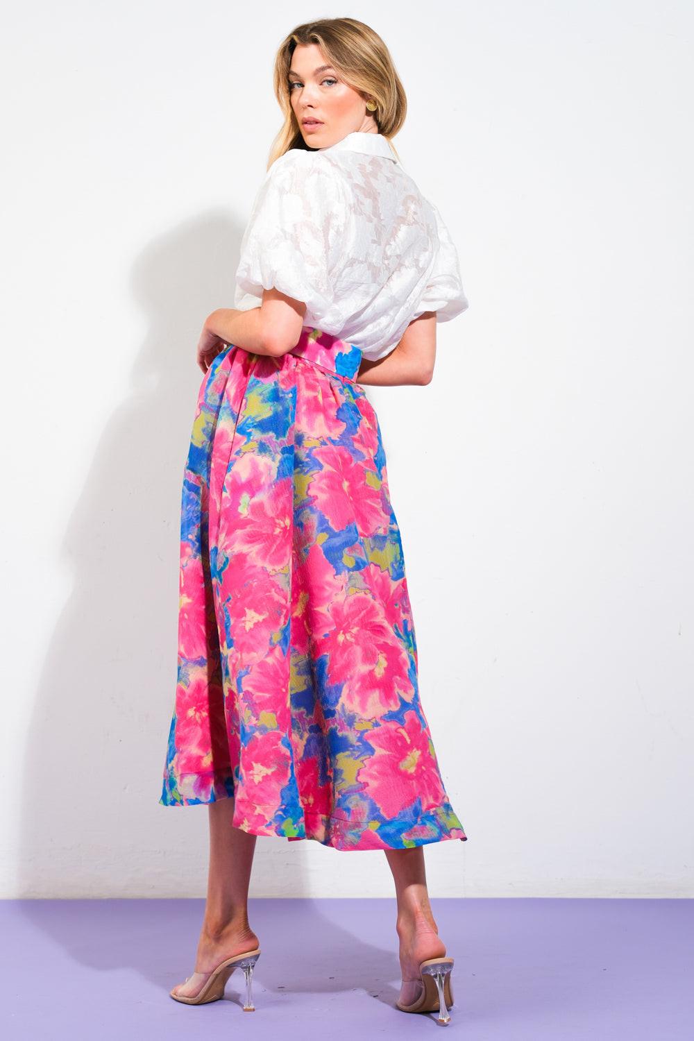 Sweet Vision Woven Midi Skirt in blue pink, view 2 — Soul Flow Apparel