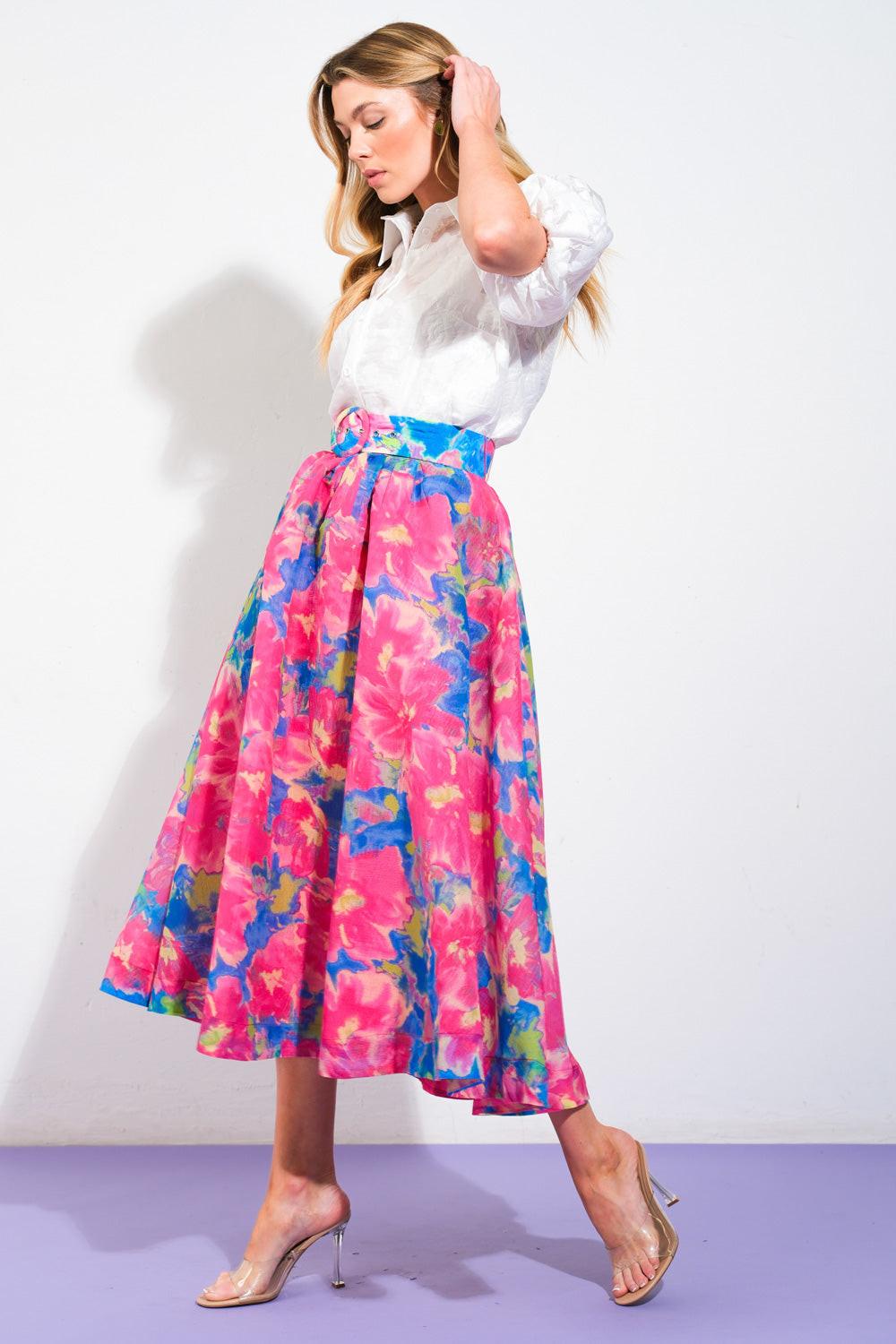 Sweet Vision Woven Midi Skirt in blue pink, view 3 — Soul Flow Apparel