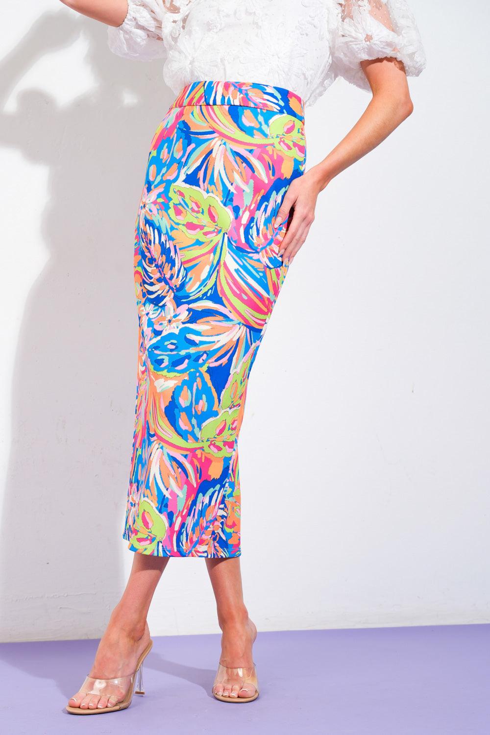 Sweetie Status Ponti Pencil Skirt in blue orange, view 1 — Soul Flow Apparel