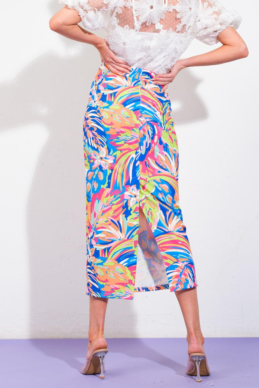 Sweetie Status Ponti Pencil Skirt in blue orange, view 2 — Soul Flow Apparel