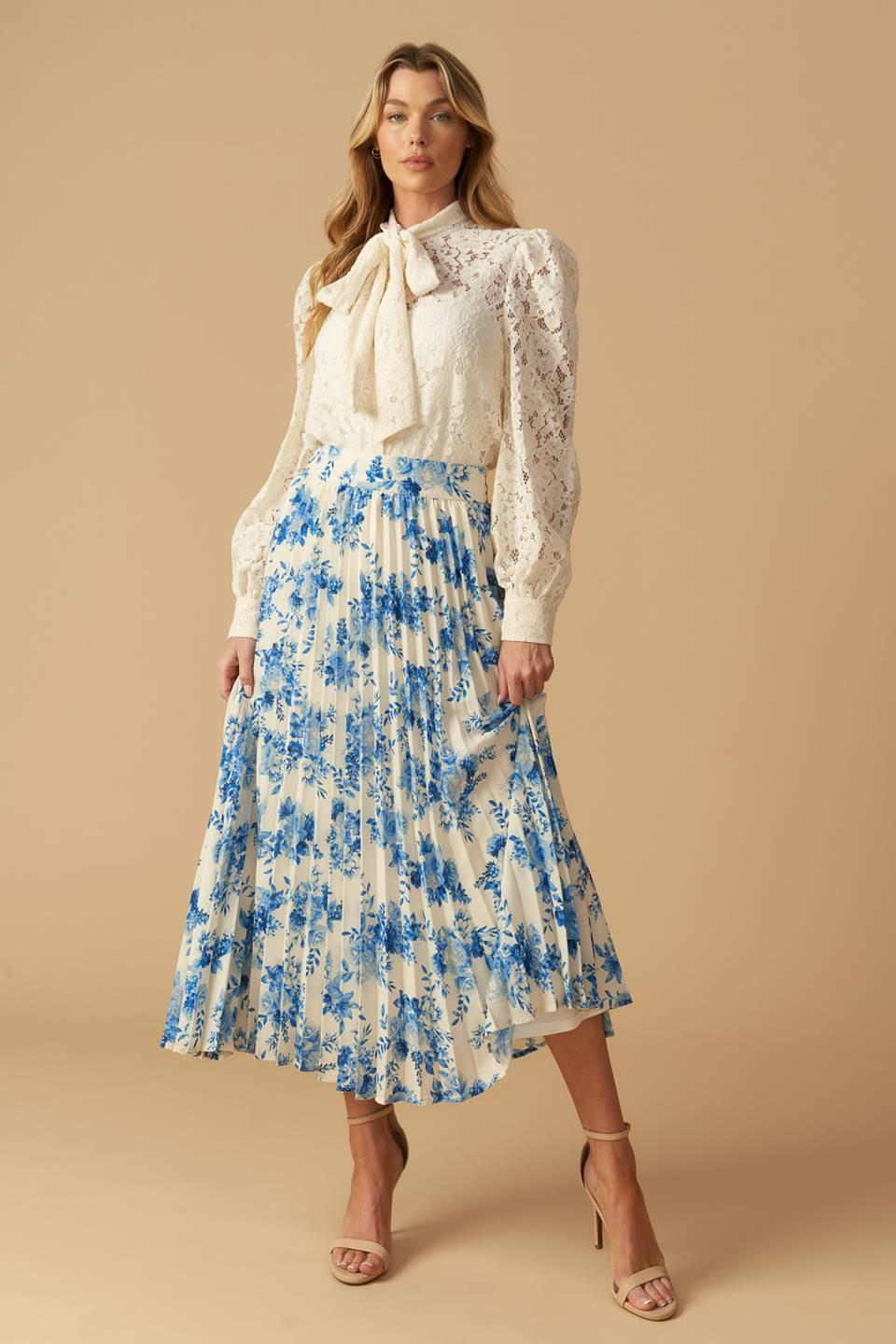 Stars in My Heart Woven Midi Skirt in ivory blue, view 1 — Soul Flow Apparel