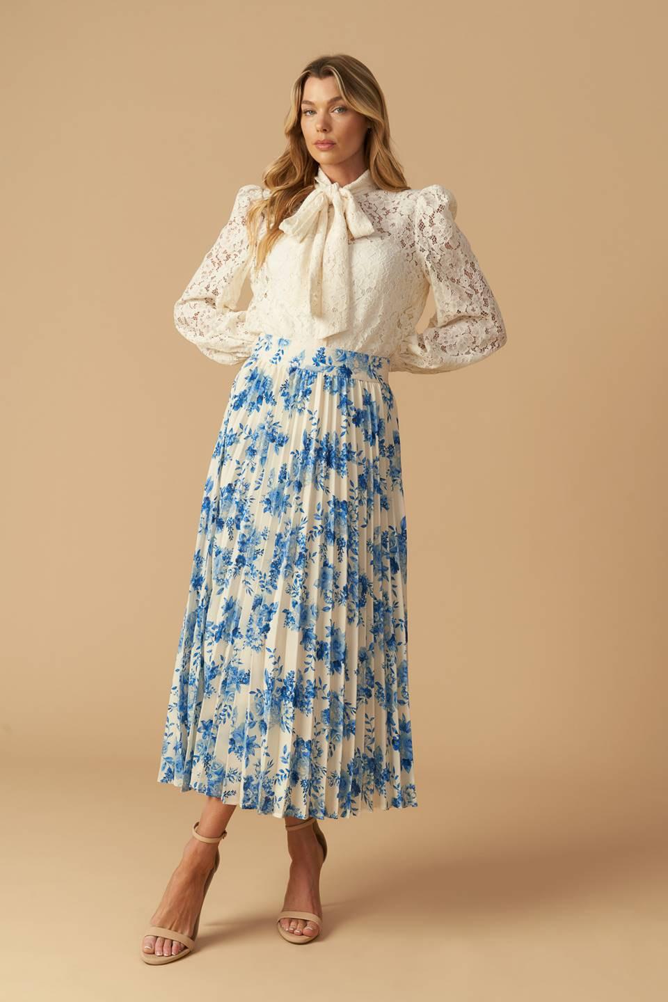 Stars in My Heart Woven Midi Skirt in ivory blue, view 3 — Soul Flow Apparel
