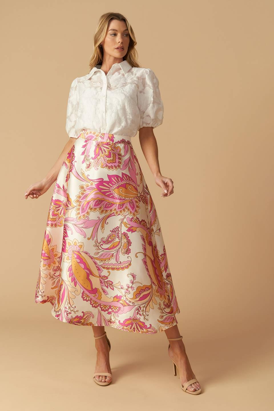 In the Stillness Woven Midi Skirt in ivory pink, view 1 — Soul Flow Apparel