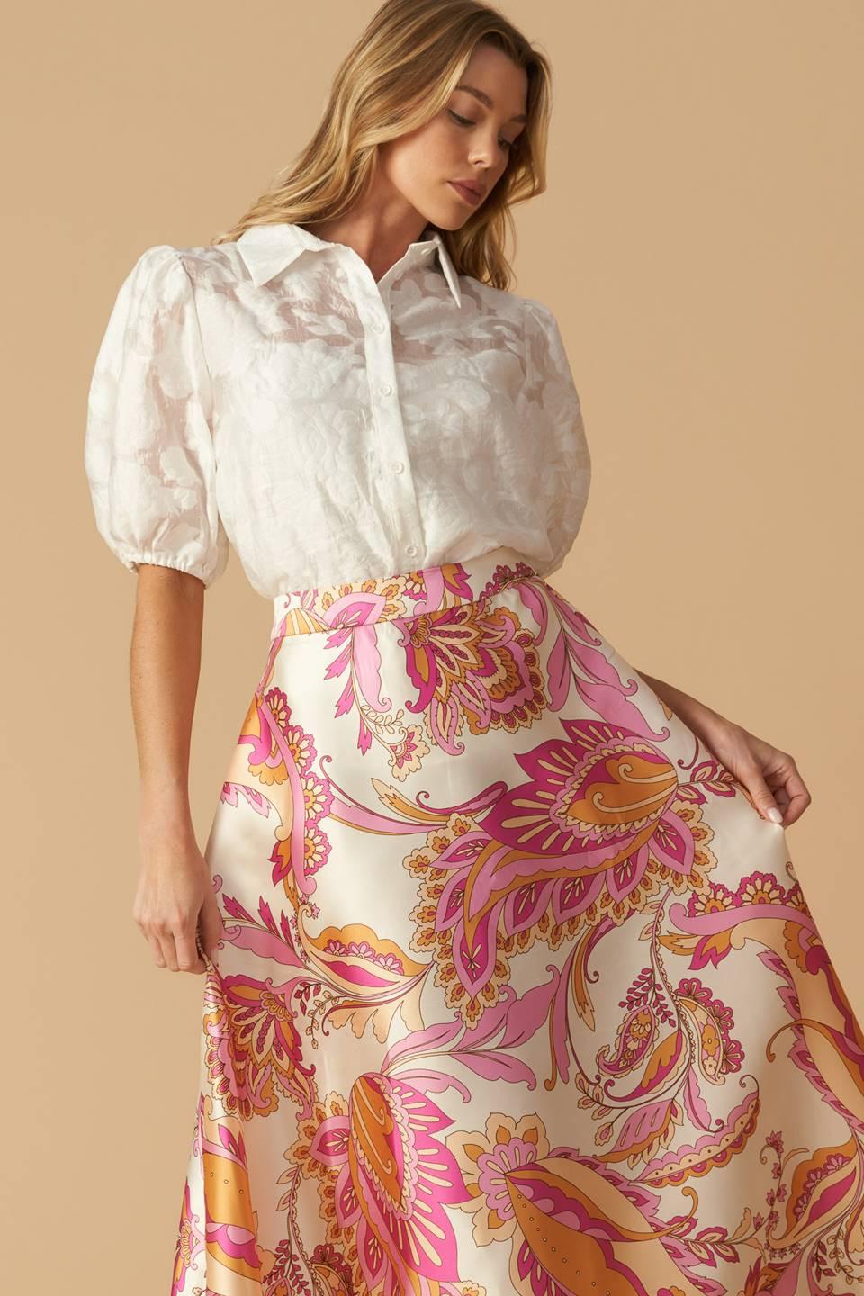 In the Stillness Woven Midi Skirt in ivory pink, view 2 — Soul Flow Apparel