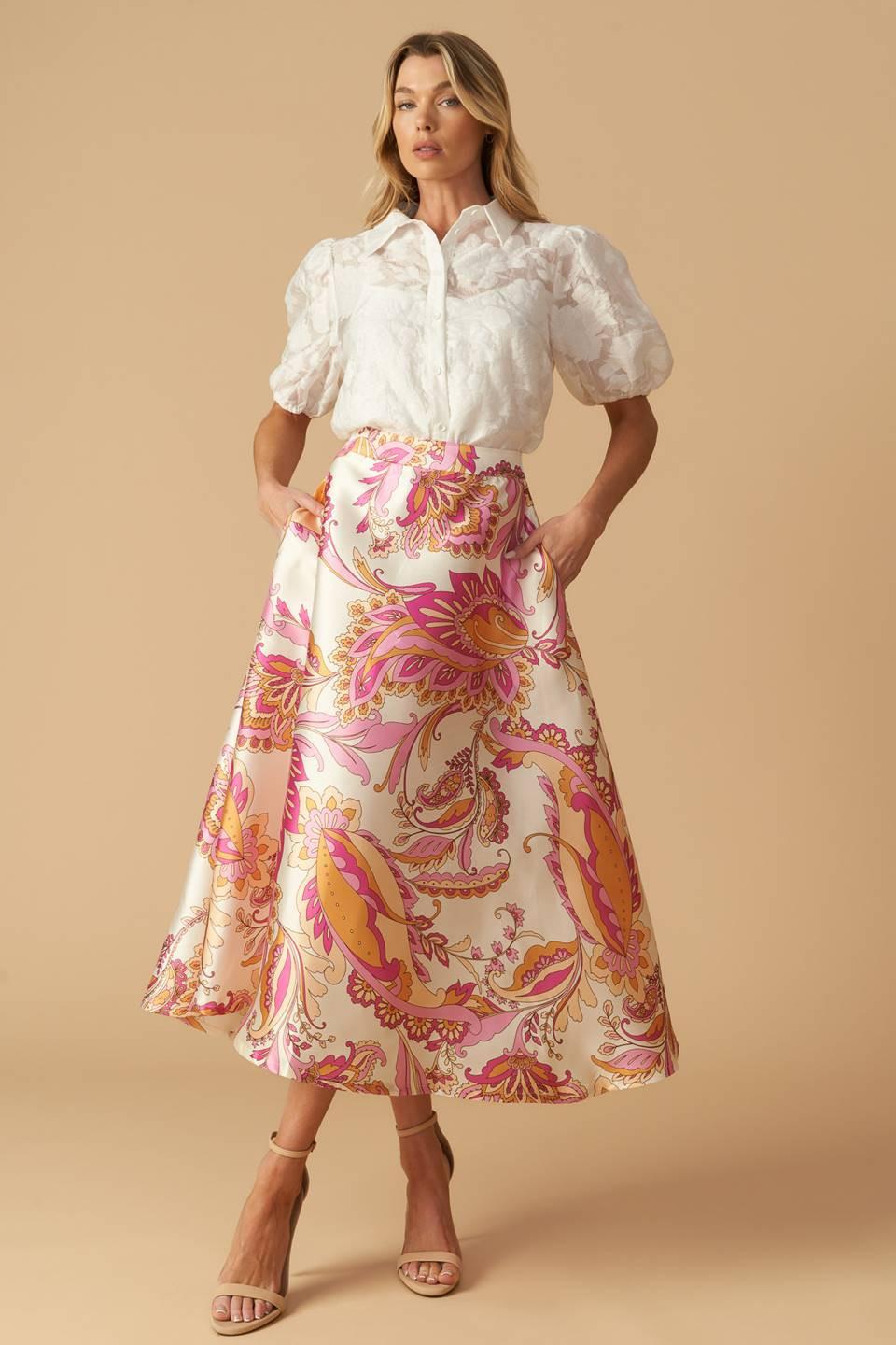 In the Stillness Woven Midi Skirt in ivory pink, view 3 — Soul Flow Apparel