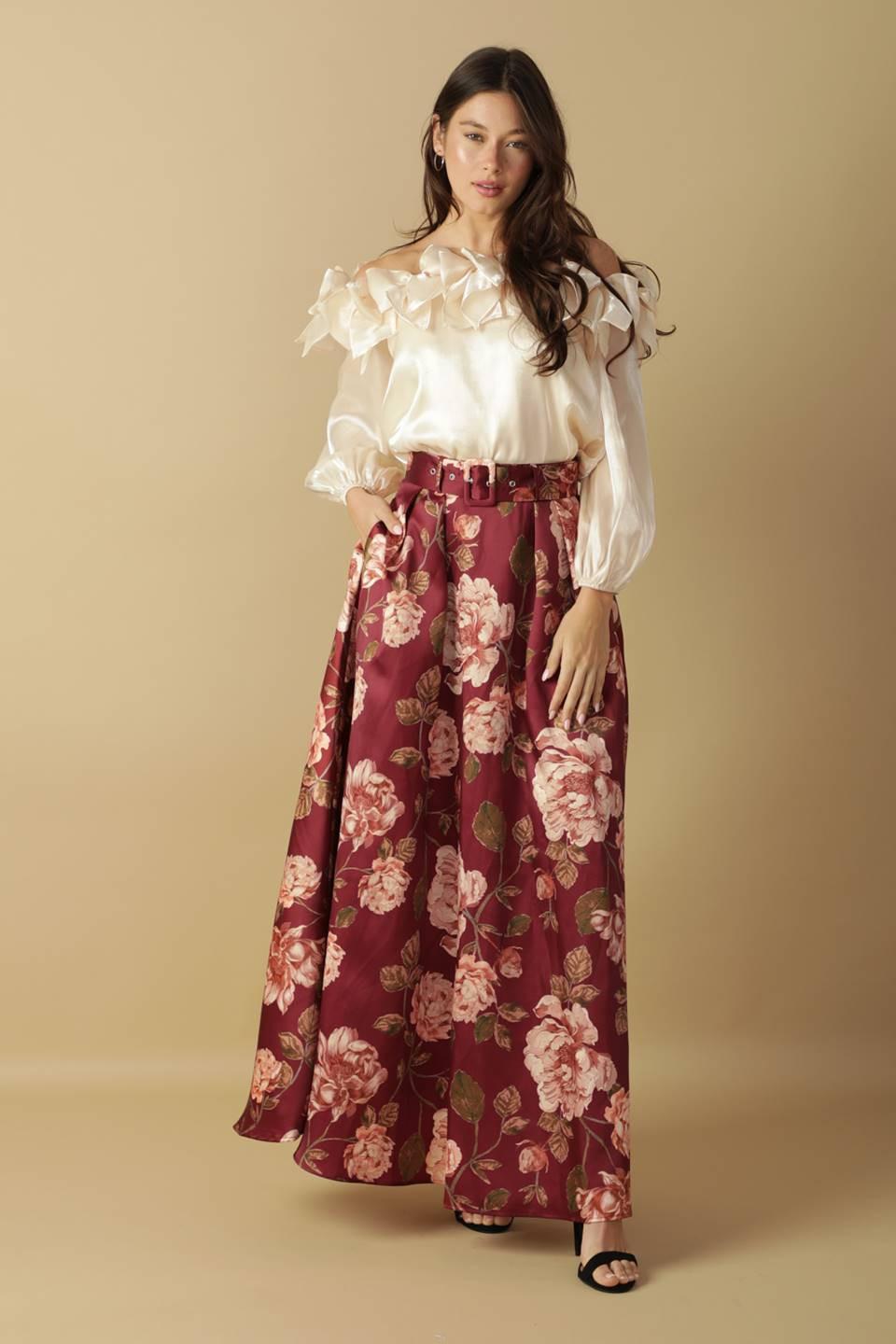 Cruise Control Woven Maxi Skirt in burgundy, view 1 — Soul Flow Apparel
