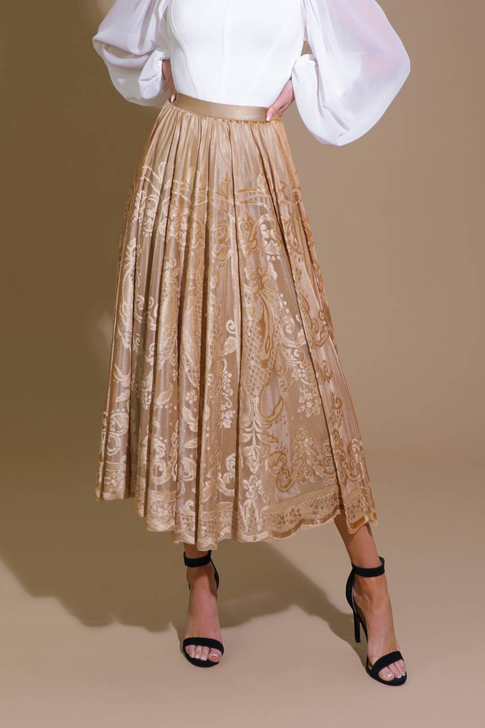Ease My Mind Velvet Midi Skirt in champagne, view 1 — Soul Flow Apparel