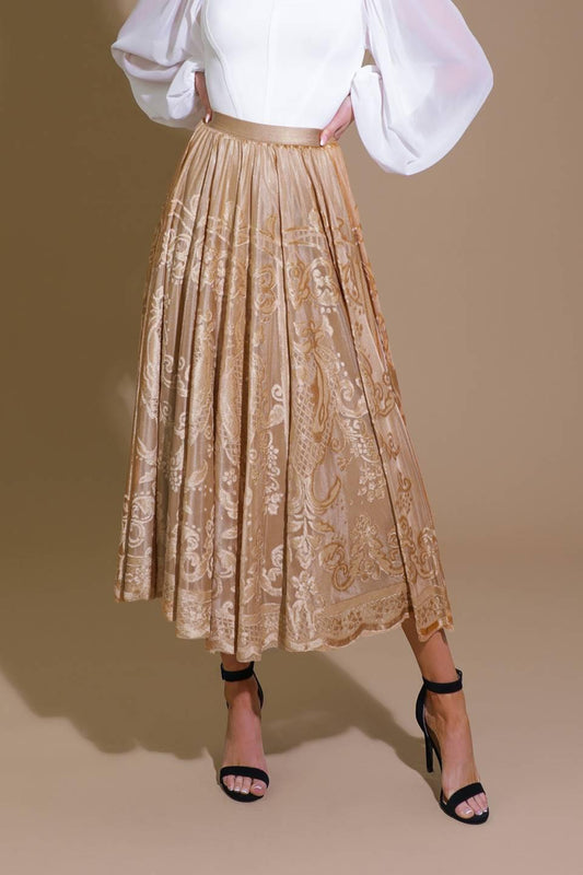 Ease My Mind Velvet Midi Skirt in champagne, view 1 — Soul Flow Apparel