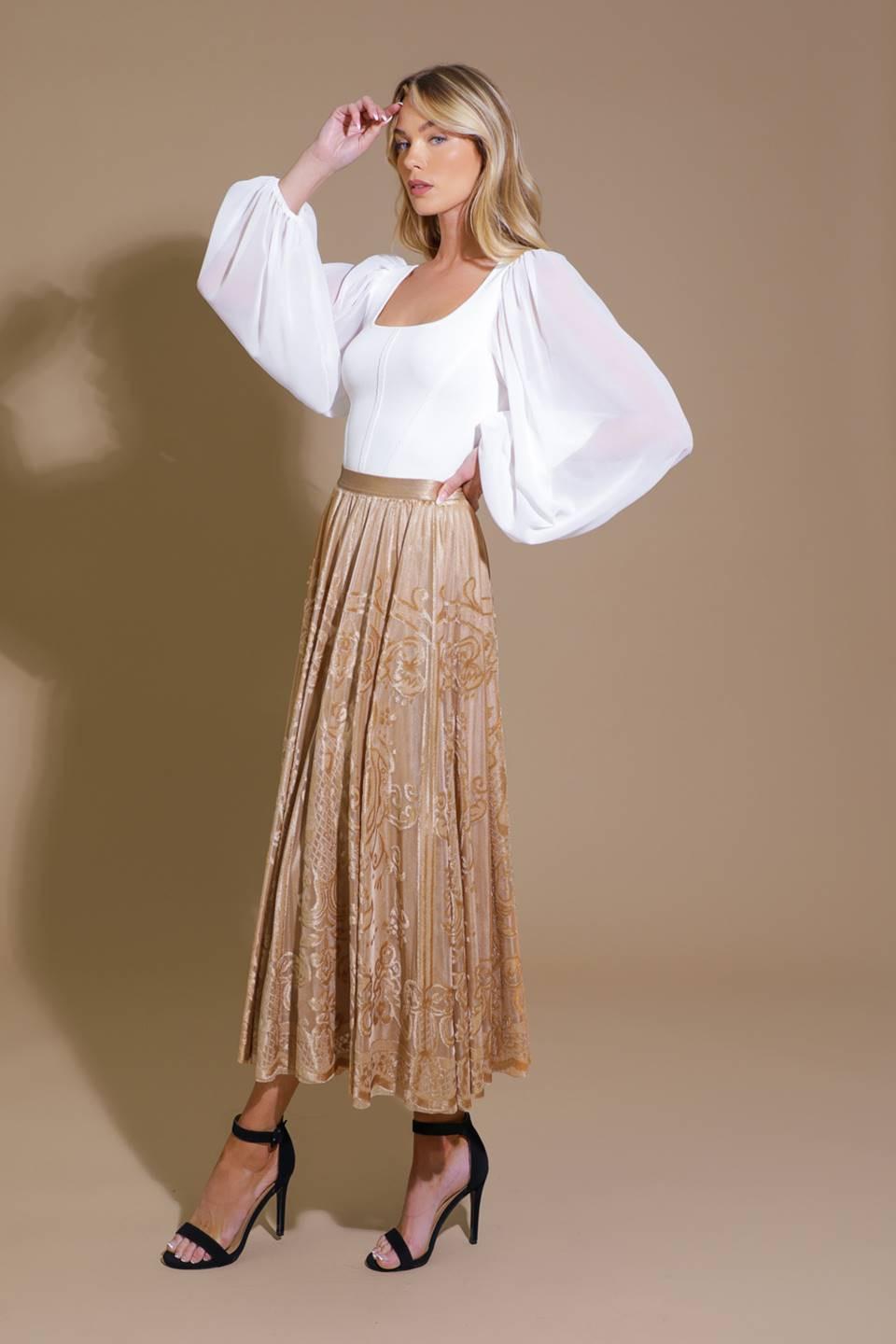 Ease My Mind Velvet Midi Skirt in champagne, view 3 — Soul Flow Apparel