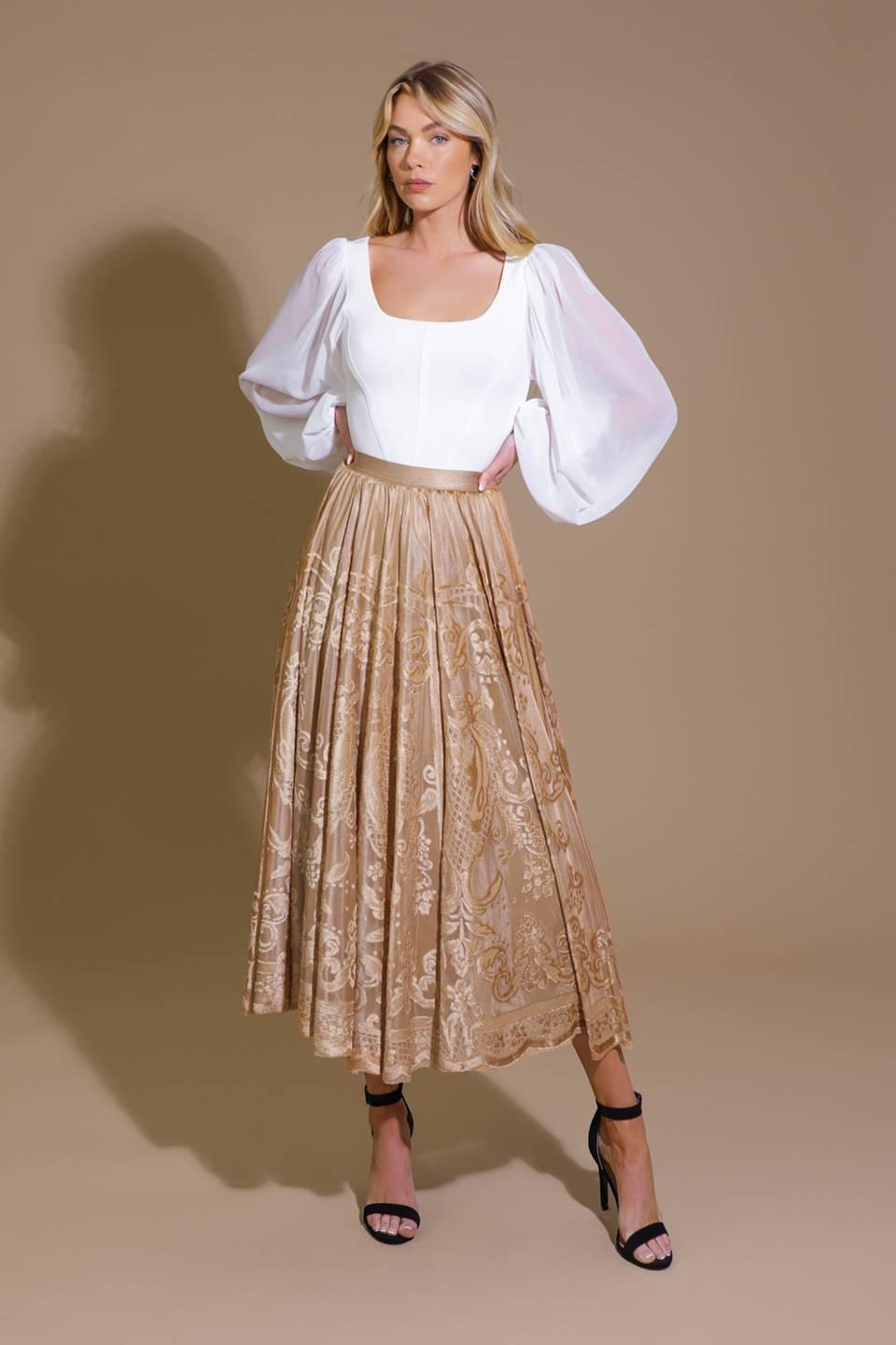 Ease My Mind Velvet Midi Skirt in champagne, view 5 — Soul Flow Apparel