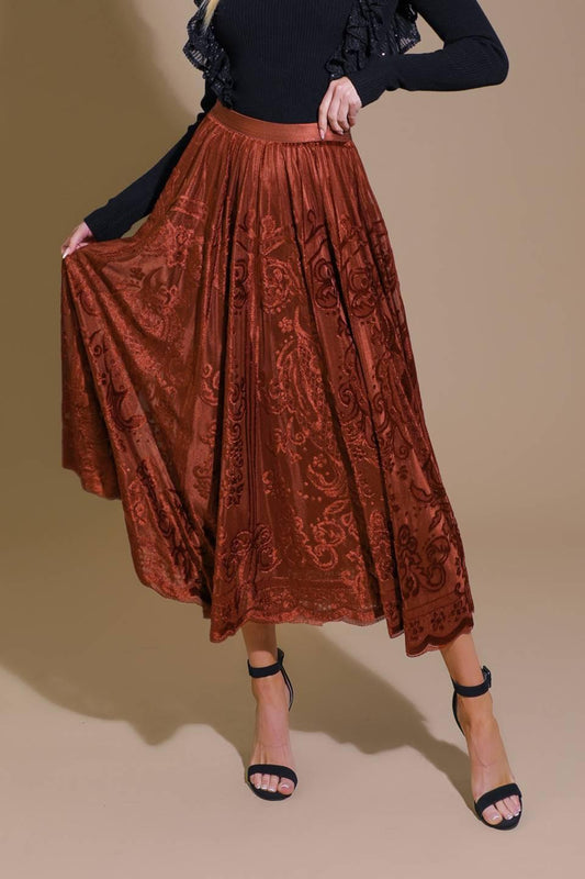 Ease My Mind Velvet Midi Skirt in rust, view 1 — Soul Flow Apparel
