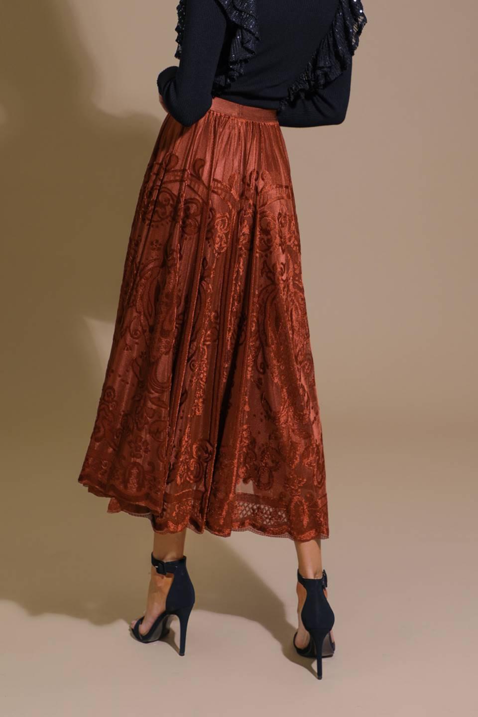 Ease My Mind Velvet Midi Skirt in rust, view 2 — Soul Flow Apparel