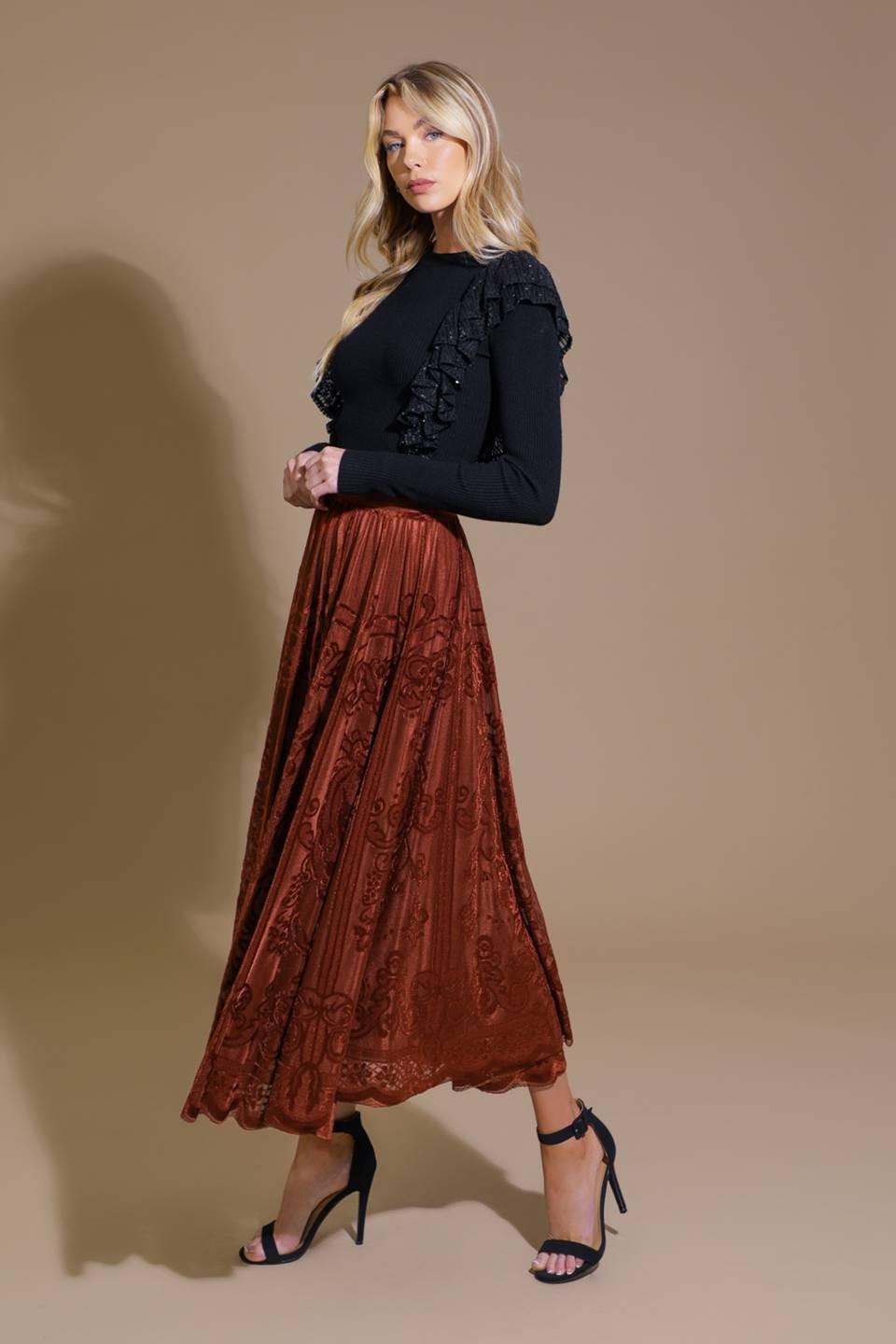 Ease My Mind Velvet Midi Skirt in rust, view 3 — Soul Flow Apparel