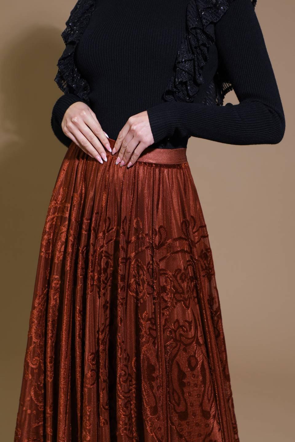Ease My Mind Velvet Midi Skirt in rust, view 4 — Soul Flow Apparel