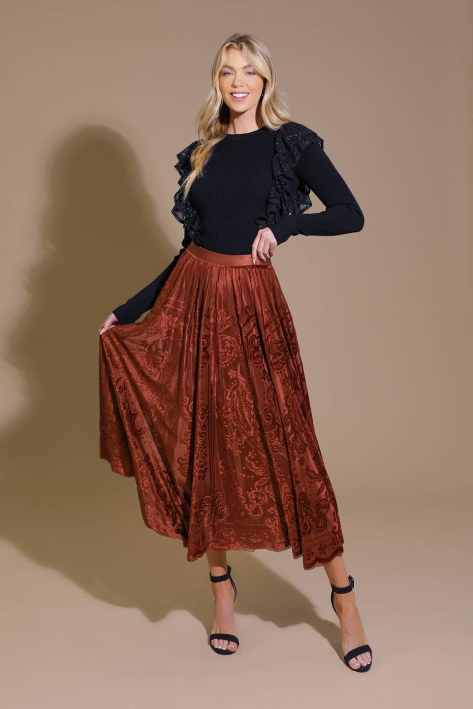 Ease My Mind Velvet Midi Skirt in rust, view 5 — Soul Flow Apparel