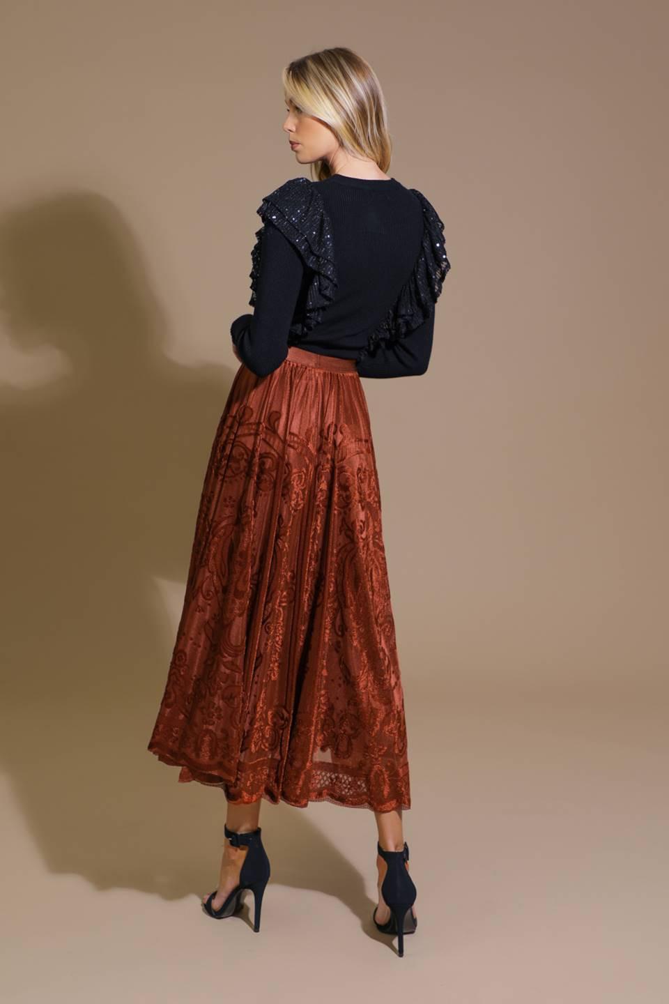 Ease My Mind Velvet Midi Skirt in rust, view 6 — Soul Flow Apparel