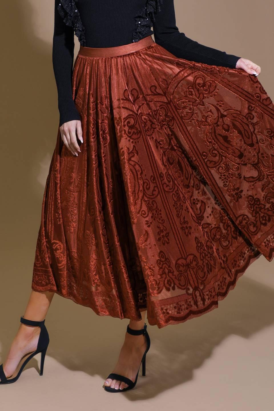 Ease My Mind Velvet Midi Skirt in rust, view 7 — Soul Flow Apparel