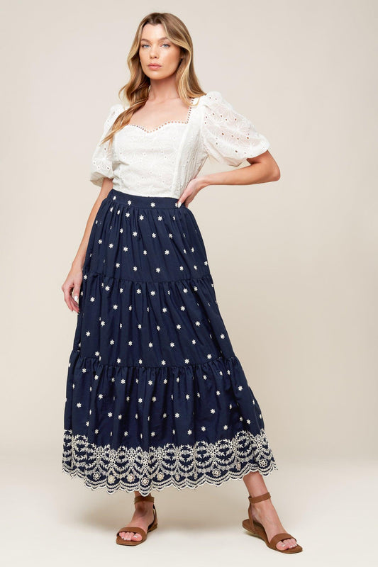 Bebe Alert Navy Woven Midi Skirt, view 1 — Soul Flow Apparel