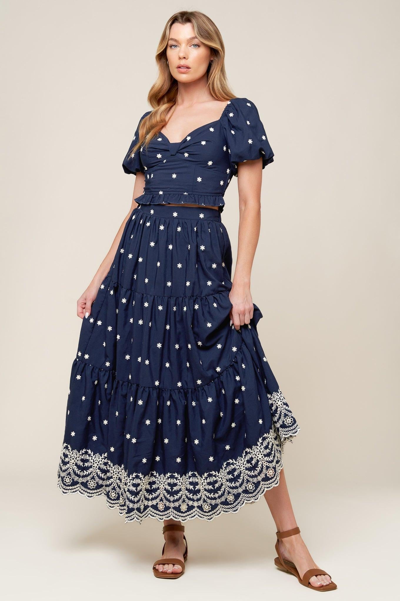Bebe Alert Navy Woven Midi Skirt, view 2 — Soul Flow Apparel