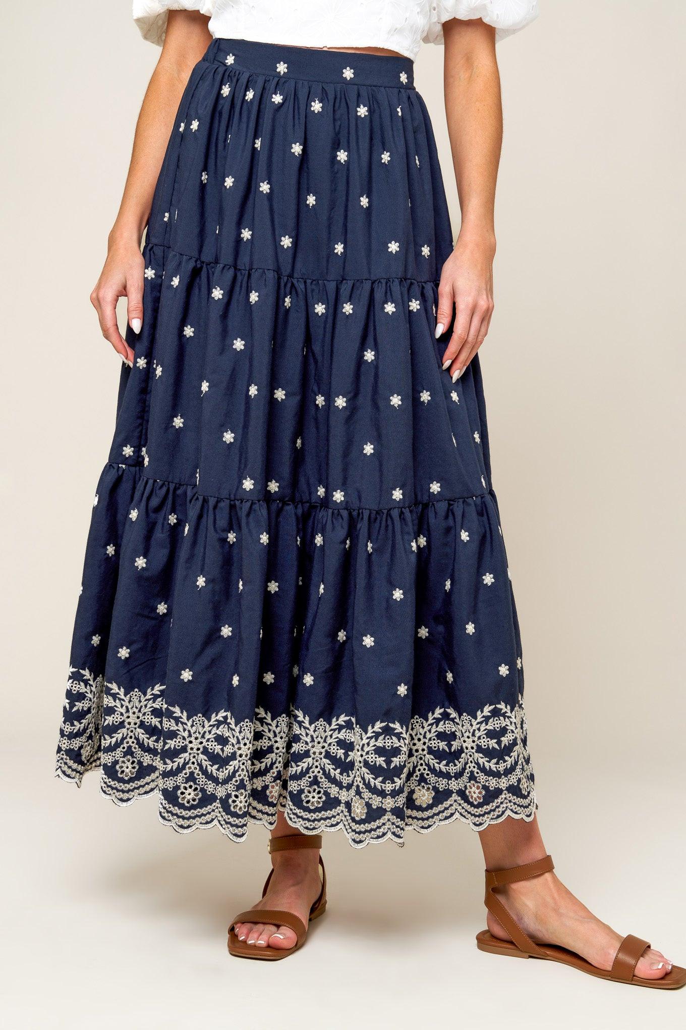 Bebe Alert Navy Woven Midi Skirt, view 4 — Soul Flow Apparel