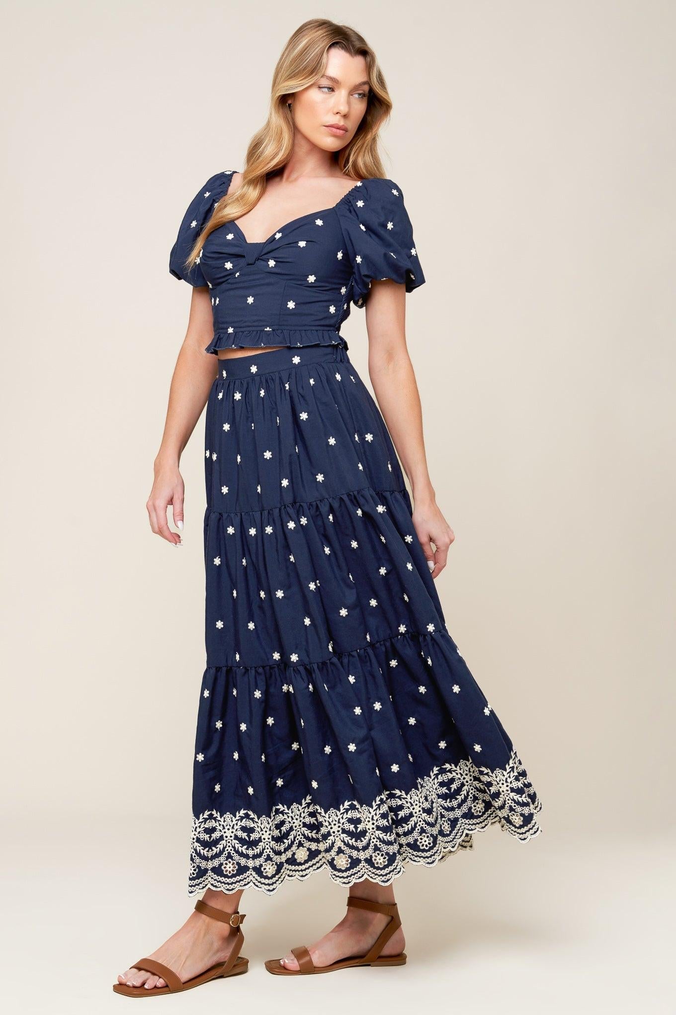 Bebe Alert Navy Woven Midi Skirt, view 5 — Soul Flow Apparel